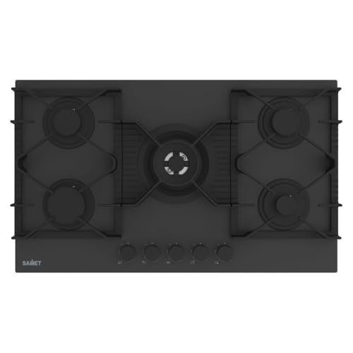 Piano Cottura Gas 5 Fuochi 90 Cm Vetro Temperato Satinato Nero Opaco Samet Zacinto90