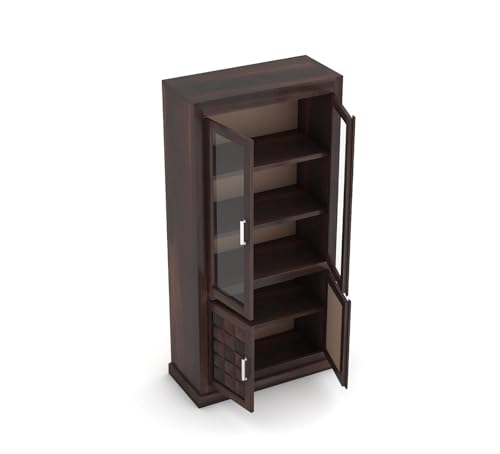 Image of Sheesham Wood Bookshelf with Glass Door for Home Library Solid Wood Bookcase Wooden Crockery Cabinet for Kitchen Book Shelf (Walnut Finish)