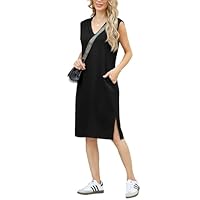GRECERELLE Womens Summer Midi Dress 2025 Casual V Neck Loose Shirt Dresses Elegant Wrinkle-Free Sleeveless Dresses for Women UK with Split and Pockets (Black, S)