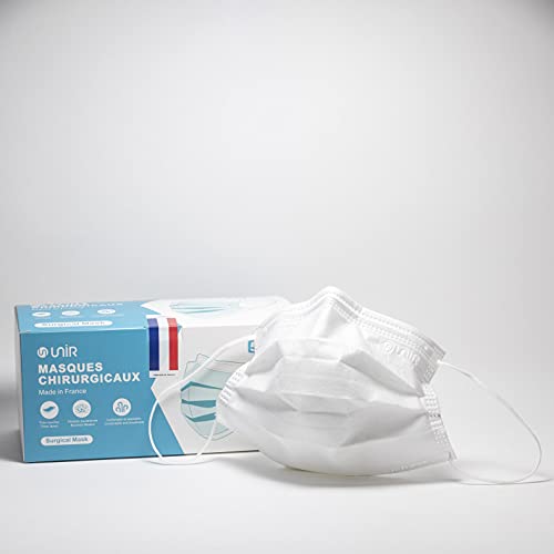 UniR Masques chirurgicaux 3 plis Adultes Type 2R IIR, Fabriqués en France, BFE + 98% (BLANC, 50...