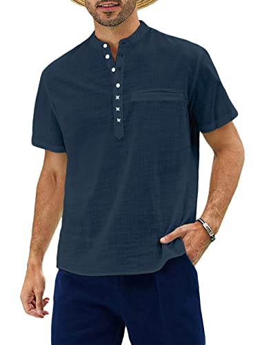 JMIERR Chemise en Lin pour Homme Henley Coton Décontractée Casual Manches Courtes Regular Fit Bleu Foncé 2XL Cover