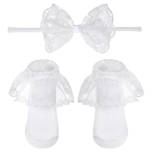 Baby Lace Bow Headband and Sock Set Toddler Ruffle Cotton Socks White Elastic Christening Headbands Hair Accessories for Infant Newborn (0-12 Months)