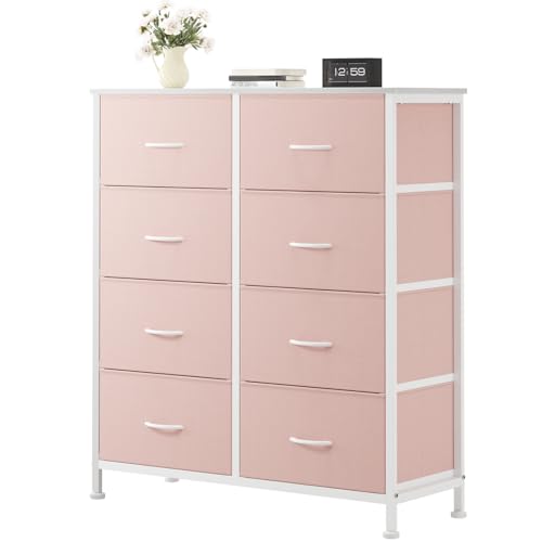 Image of OLIXIS 8 Drawer Storage Dresser for Bedroom, Closet Organizers Units, Pink | Fabric Dresser with Wooden Top, Chest of Drawers Clothes Storage, Tower Cabinet, TV Stand Furniture
