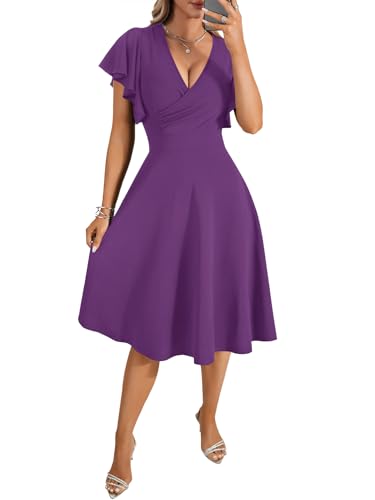 Image of LYANER Women's Warp V Neck Ruffle Short Sleeve A Line Swing Flared Cocktail Party Midi Dress