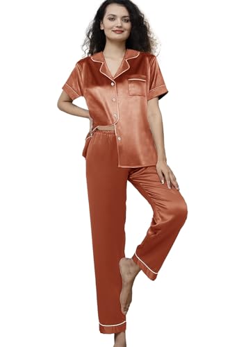 Image of WJing Yi Jia Womens Pajamas Set XS-4XL Floral Silk Satin Pajama Sets Silky Pj Sets 2Pcs Loungewear Sleepwear Button Down Pjs