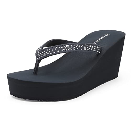 DREAM PAIRS Women's Platform Flip Flop Rhinestones Arch Support Comfortable Soft Cushion Wedge Flip Flops Summer Thong Sandals 6 Navy Blue