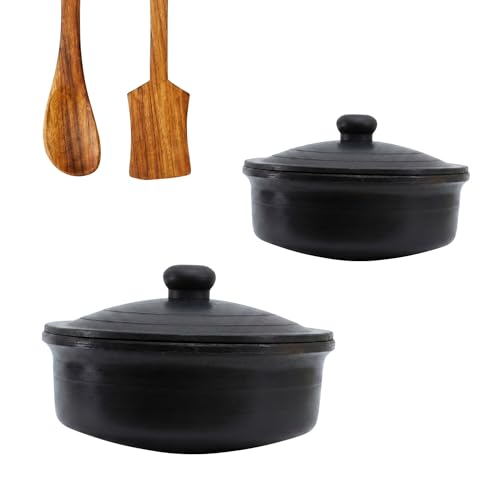Image of Black Clay Pots for Cooking with Lid | Bartan for Cooking | Clay Handi Set Earthen Kadai | Traditional Handmade Terracotta Cookware for Serving | Natural and Organic Pack of Two 1.5L+2.5L