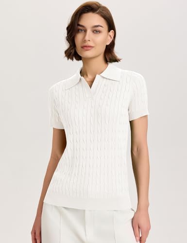 Image of Micoson Womens Short Sleeve Sweater Tops Lapel V Neck Polo Shirts 2026 Summer Cable Knit Loose Blouse Business Casual Outfits