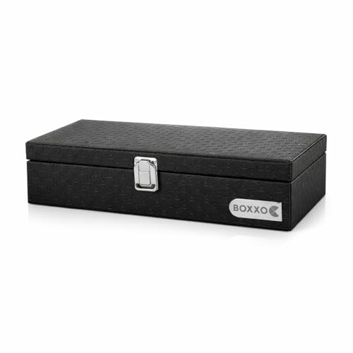 Image of BOXXO 12 Slot Watch Organizer Box for Men & Women - Premium PU Leather Watch Case, Soft Velvet Cushions & Glass Lid Display, Elegant Storage Box - 34x20x8 cm (Black /Cream, 12 Slots)
