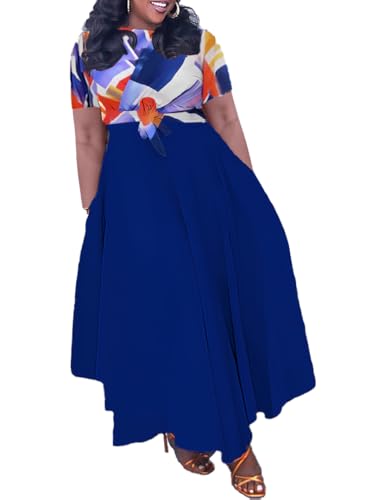 Image of Hostoyo Women Plus Size Formal A Line Maxi Dress Self Tie Waist with Pockets Elegant Round Neck Swing Long Dresses