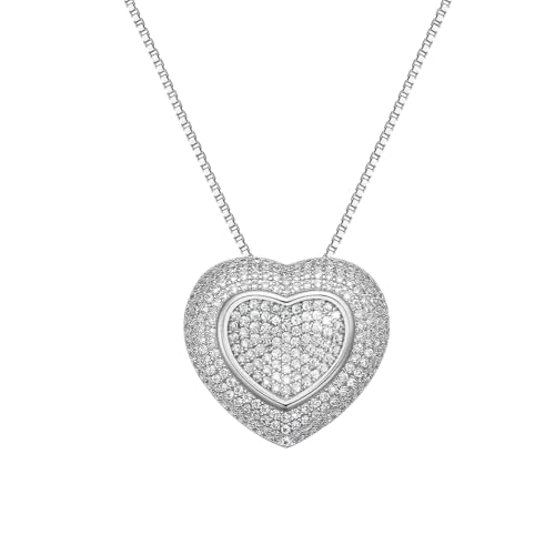 hooppoo Chuncky Cz Pave Heart Pendant Necklace for Women, Silver - image 1