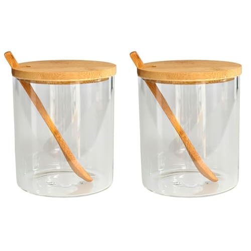 Tradineur - Pack de 2 tarros de vidrio borosilicato con cuchara y tapa de bambú, bote, frasco, recipiente para guardar azúcar, sal, café, condimentos - 310 ml - 9,5 x 8,2 cm