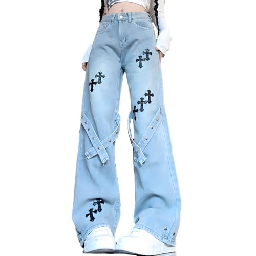 Women Y2K Grunge Kawaii Gothic Clothes Casual Straight Leg Vintage Straps Cross Patchwork Decor Denim Pants