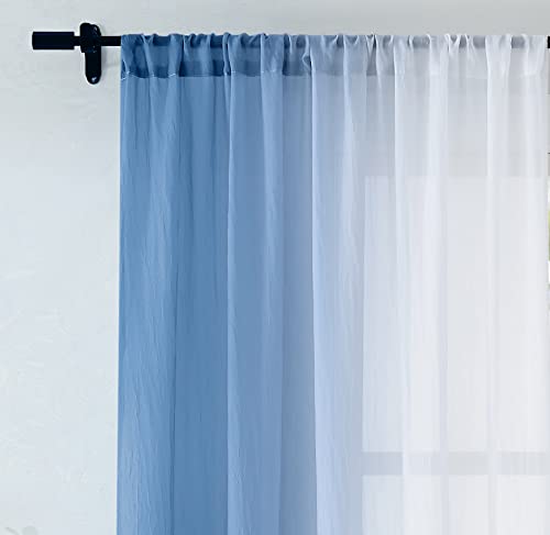 Blue Ombre Chiffon Sheer Window Curtain Panels 63 Inch Long Crinkle Voile Sheer Curtains For Living Room Kids Room, Set Of 2 Gradient Window Crushed Treatment Drapes Bedroom, Rod Pocket 52"X63"X2 #TOP7