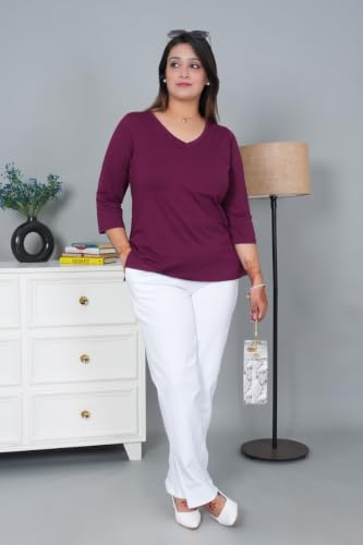 Image of Mlada V-Neck Cotton 3 /4th Sleeves Tshirt for Women | Stretchable Regualr Fit Solid Cotton Tshirts | Casual 3 /4th Sleeves Tshirts for Women Office Wear | Solid Round Neck Tshirt