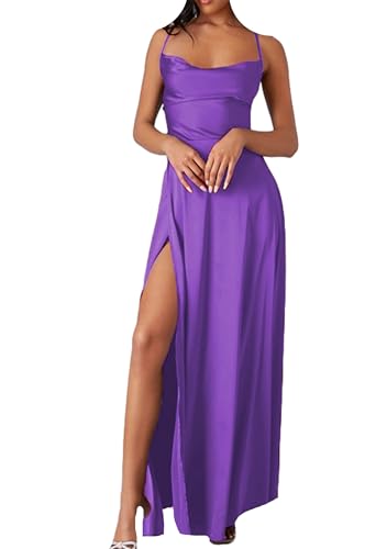 EFOFEI Dama Vestido Elegante Largo de Prom Vestidos Largos Tirantes Spaghetti Vestido de Dama de Honor Morado L