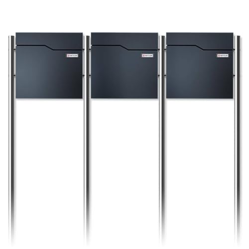 Metzler Buzón de pie para 3 partidos en antracita RAL 7016 – Buzón independiente para edificio de apartamentos con compartimento para periódicos, patas de acero inoxidable y placa de nombre