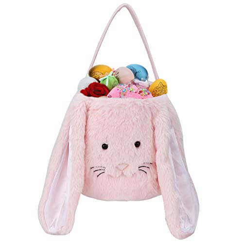 Easter Egg Hunting Baskets Plush Pink Easter Bunny Baskets with Long Plush Ear Personalized Bunny Easter Buckets Gift Bags for Boys Girls Easter Tote Bags for Easter Decorations Candy Gifts…