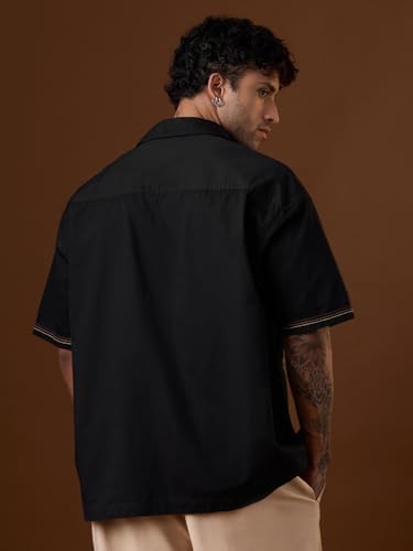 Image of The Souled Store Nomad: Tribe Men and Boys Short Sleeve Cuban Collar Black Embroidered Casual Drop Shoulder Trendy Streetwear Lightweight Cotton Oversized Shirt