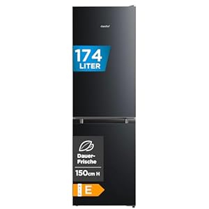 Comfee‘ Kühlschrank mit Gefrierfach RCB169DK2(E) | 174L Kühl-Gefrierkombination (115L Kühlteil + 59L Gefrierteil), 150 cm Höhe | 195 kWh/Jahr, Low Frost, Leise 39 dB | LED-Licht | Freistehend, Schwarz