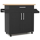 GiantexUK Kitchen Island Cart, Rolling Storage Serving Trolley with Large Drawer, Adjustable Shelf and Towel Rack, Utility Storage Cabinet Unit for Dining Room (Black, 111 x 40 x 90cm)