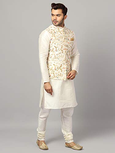 Image of Uri and MacKenzie Men's Silk Blend Regular Kurta Churidar Pyjama with Bundi Nehru Jacket /Waistcoat