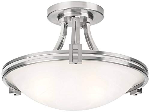 Possini Euro Design Deco Modern Ceiling Light Semi Flush-Mount Fixture 16' Wide Brushed Nickel 2-Light White Marbleized Glass Bowl Shade for Bedroom Kitchen Living Room Hallway Dining Bathroom
