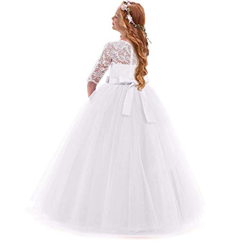 Spring Flower Girl Wedding Bridesmaid 3/4 Sleeves Kids Floral Lace Pageant Communion Princess Dress Prom Evening Dance Gown White 7-8 Years #TOP1
