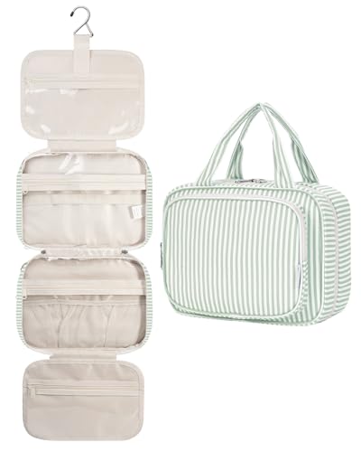 Image of Narwey Hanging Travel Toiletry Bag for Women Wash Bag Cosmetics Makeup Bag Organizer for Travel Size Accessories (Mint Green Stripe (Medium))