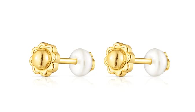 TOUS Pendientes de Oro de 18kt para Mujer con Motivo de Oso y Perla Cultivada con Cierre de Presión, Elegante e atemporal, Colección Icon Pearl