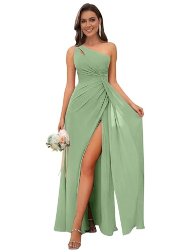 Image of OFEECHUN Women's Chiffon One Shoulder Bridesmaid Dresses Long Pleated Formal Evening Gowns with Slit