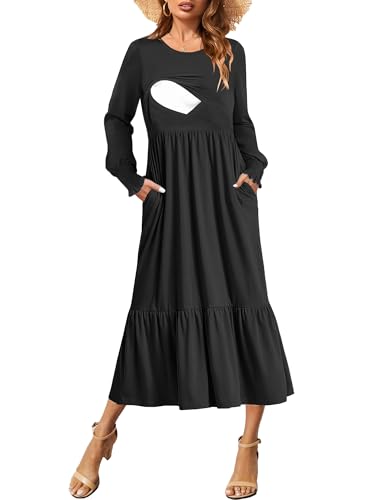 CzzzyL Womens Nursing Dresses Scoop Neck Smocked Cuffs Long Sleeve Pregnant Ruffle Tiered Flowy Breastfeeding Winter with Pockets Black,Small