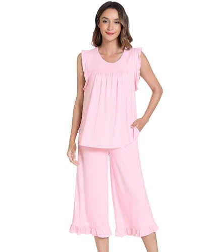 Image of NACHILA Bamboo Viscose Pajamas for Women Pleated Ruffle Tank Top Pjs Set
