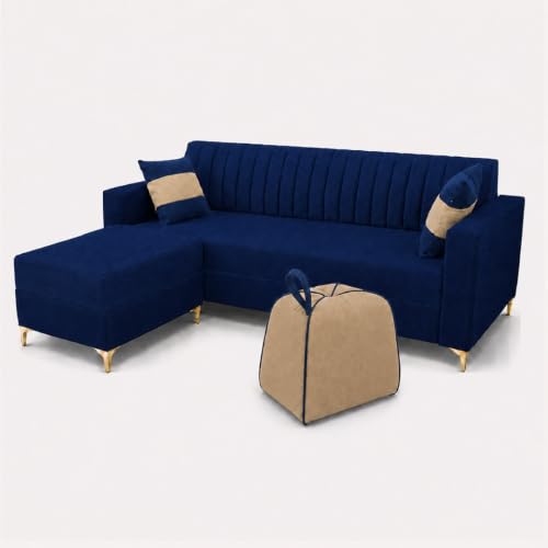 Image of FURNY Signature Regalia 4-Seater L-Shape Sofa Set with Movable Ottoman & Accent Suri Pouf | Flexible LHS /RHS Layout | Boston Fabric | 40D Foam + Zigzag Spring | 3-Yr Warranty (Midnight Blue, Beige)