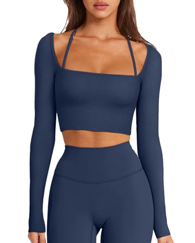 LASLULU Womens Halter Neck Long Sleeve Workout Crop Tops Athletic Gym Shirts Seamless Ribbed Pilates Compression Shirts Fall Fashion(Navy Blue-Large)