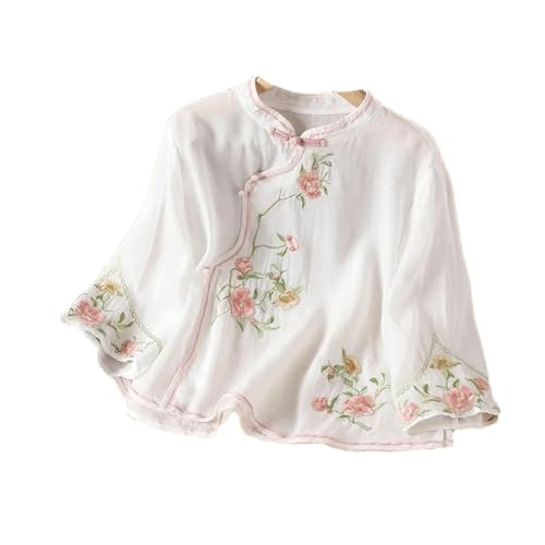 GaoLeAve Chinesische Frühling Sommer Baumwolle Leinen Hemd Bestickt schrägen Kragen geknöpft Top Frauen Dreiviertel-Ärmel Bluse White S