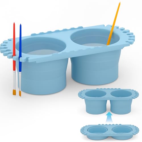 Jalopink Paint Brush Cleaner Cup - Foldable Silicone Brush Cleaning Rinse Cup with Dual Cleaning Compartments and Brush Holder Suitable for Acrylics Watercolors and All Art Supplies