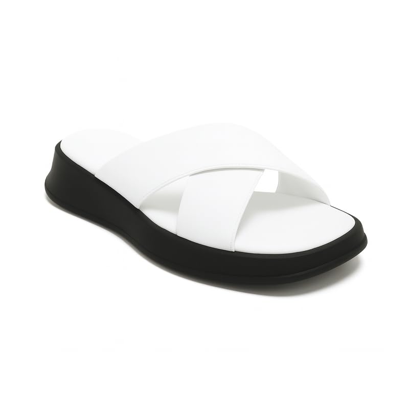 Premium Cross Strap Slide Sandals for Men | Stylish White Slip-On Flats with Black Sole | Lightweight Comfortable Summer Footwear for Daily Casual Use & Beach 3020-image-32