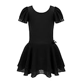IEFIEL Maillot de Danza Ballet Niña Manga Corta Vestido Princesa de Danza Latina Maillot de Patinaje Artistico Disfraz Bailarina Niña Negro XL 8-10 años
