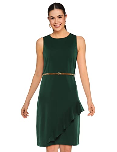 Image of FabAlley Department233 Poly Lycra Regular Green Ruffled Bodycon Dress with Tan Belt