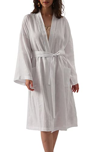 Image of Amazhiyu Womens Pure Linen Mid Length Kimono Robes Lightweight Long Sleeve Bathrobe