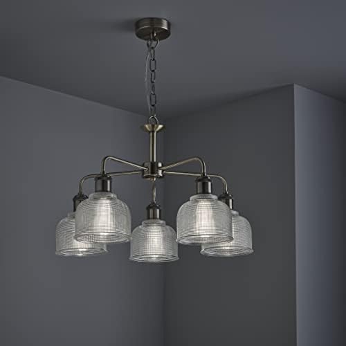 5 Light Industrial Style Chandelier with Halophane Glass in an Antique Brass Finish