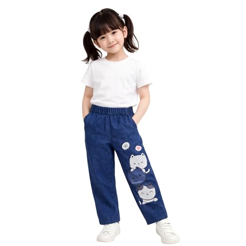 Image of superminis Girls Denim Jeans | Stretchable Blue Cat Print Jeans for Girls 3-10 Years | Soft Comfortable Kids Denim Pants for Casual