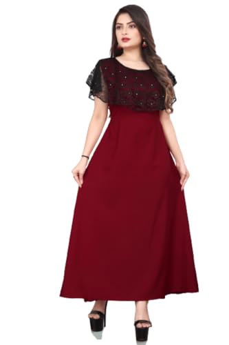 Image of Women's Poly Crepe Round Neck Plain Gown Dress