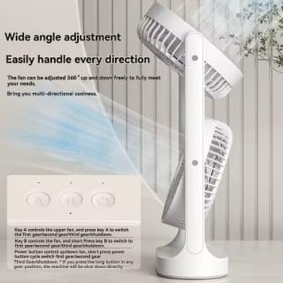 Ventilatore da tavolo portatile a doppia testa, ricarica USB di tipo C, regolazione grandangolare, funzionamento silenzioso, bianco