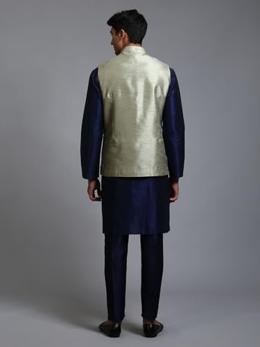 Image of VM Men's Grey And Cream Silk Blend Jacket, Kurta and Pyjama Set