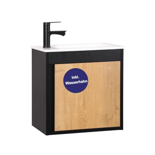 Kometmöbel Waschbecken mit Unterschrank 50cm hängend Gäste-WC Waschtisch 50 cm (Schwarz/Eiche 50cm, Mit Wasserhahn Schwarz)