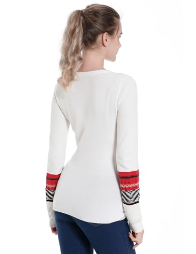 Image of AmelieBoutik Women Notch Neck Long Sleeve Fair Isle Cuff Sweater Top(White Large)