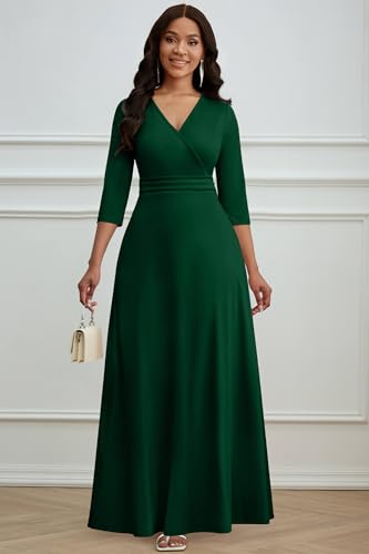 Image of CLOCOR Maxi Dress for Women Long Summer Short Sleeve Evening Formal V Neck A Line Dresses Wedding Guest Empire Waist Elegant