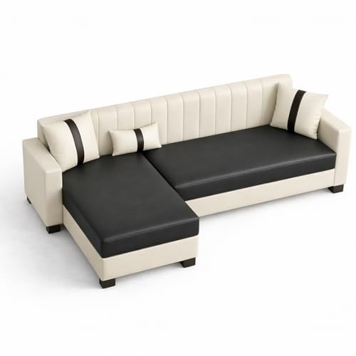 Image of SOCOZI Averique 4 Seater LHS L Shape Sofa Set |Premium Leatherette Upholstery | Modern Design | Plush Comfort Cushions for Living Room (Cream-Black)